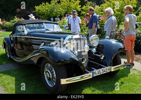 Juechen, Germania. 2 agosto, 2014. I visitatori di esaminare una Mercedes-Benz 540 K Spezial Roster modello di vettura costruita nel 1937 è sul display durante il classico giorni " vintage car show a Dyck palace in Juechen, Germania, 2 agosto 2014. Foto: Horst Ossinger/dpa - nessun filo SERVICE -/dpa/Alamy Live News Foto Stock