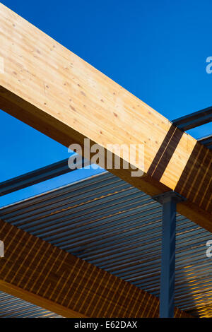 Immagine astratta di laminato di grandi travi di legno di supporto di un acciaio struttura del tetto Foto Stock