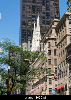 La cattedrale di san Patrizio campanili e Saks vetrina sulla Fifth Avenue, New York Foto Stock