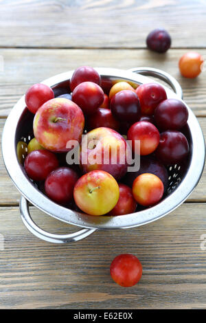 Fresche e succose prugne in scolapasta, cibo closeup Foto Stock