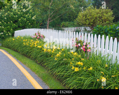 White Picket Fence nel giardino tradizionale Foto Stock