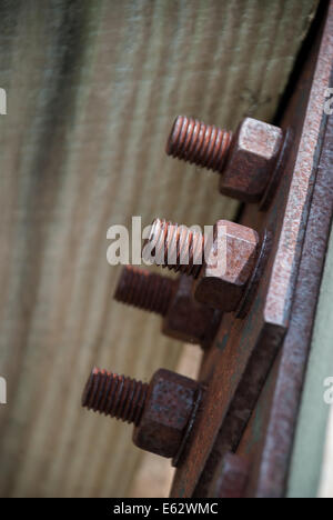 Le viti arrugginite tenere un grande ringhiera in legno Foto Stock