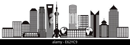 Cina Shanghai skyline della città delineano Silhouette isolato nero su sfondo bianco illustrazione Foto Stock