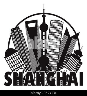 Cina Shanghai skyline della città delineano Silhouette in cerchio isolato nero su sfondo bianco illustrazione Foto Stock