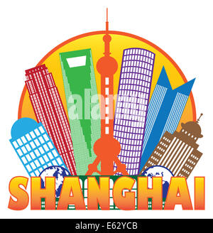 Cina Shanghai skyline della città delineano Silhouette nel cerchio di colore isolato su sfondo bianco illustrazione Foto Stock