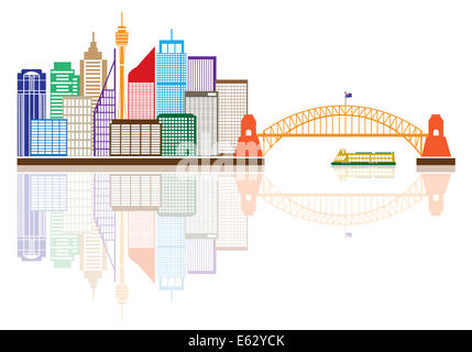 Sydney Australia Skyline Landmarks Harbour Bridge di colore con la riflessione isolata su sfondo bianco illustrazione Foto Stock