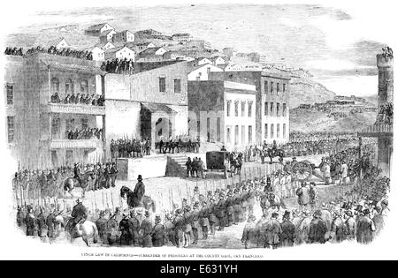 1855 impedendo LYNCH legge soldati scortare i prigionieri per il trasporto dalla prigione di San Francisco California USA Foto Stock
