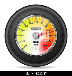 Concetto di corse - tachimetro con pneumatico, isolati su sfondo bianco Foto Stock