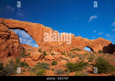 Finestra del sud (sinistra) e Finestra del Nord (a destra), nella sezione Windows, Arches National Park, vicino a Moab, Utah, Stati Uniti d'America Foto Stock