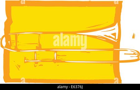 Xilografia immagine di un trombone su uno sfondo arancione. Illustrazione Vettoriale