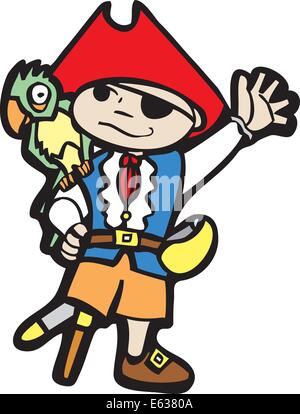 Ragazzo in un costume da pirata con peg gamba e parrot. Illustrazione Vettoriale