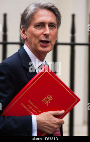 Londra, Regno Unito. 13 Ago, 2014. Gli affari esteri segretario Philip Hammond arriva al 10 di Downing Street per presiedere una riunione COBR discutendo thelates sviluppi in Iraq le stuggle contro l' assalto. Credito: Paolo Davey/Alamy Live News Foto Stock