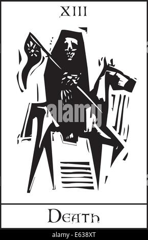Xilografia stile espressionista carta dei Tarocchi per morte numero tredici. Illustrazione Vettoriale