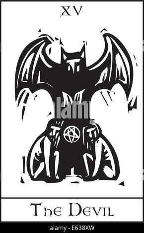 Xilografia stile espressionista Tarot card per il diavolo Illustrazione Vettoriale