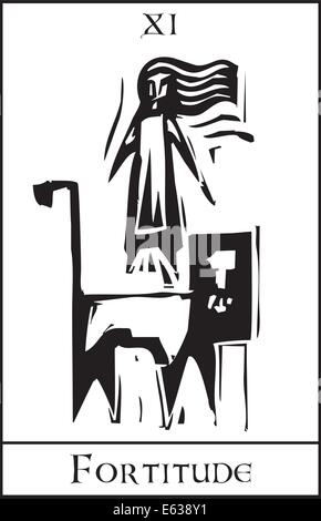 Xilografia stile espressionista carta dei Tarocchi Arcani Maggiori immagine della fortezza Illustrazione Vettoriale