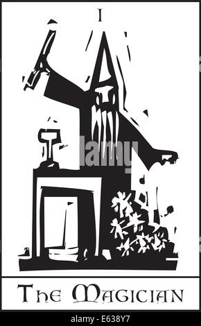 Xilografia stile espressionista immagine della carta dei Tarocchi per il mago Illustrazione Vettoriale