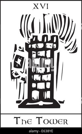 Xilografia stile espressionista Tarot card per il numero 16 la torre. Illustrazione Vettoriale