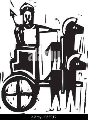 Silografia espressionista immagine di stile di un guerriero greco in un carro trainato da due cavalli Illustrazione Vettoriale