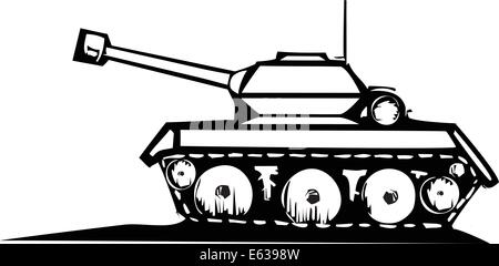 Xilografia stile immagine di un serbatoio militare. Illustrazione Vettoriale