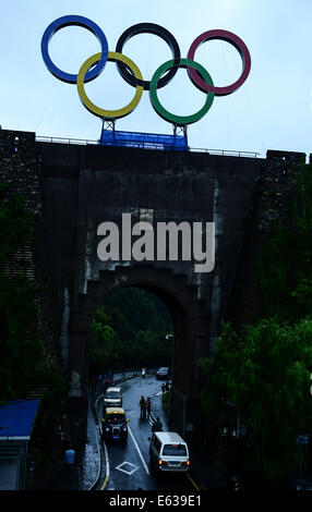 Nanjing, cinese della provincia di Jiangsu. 13 Ago, 2014. Questa immagine presa il 13 agosto 2014 mostra una scultura di anelli olimpici si stabilirono su Nanjing della parete della città dalla dinastia Ming in Nanjing, a est della capitale cinese della provincia di Jiangsu, su agosto 13, 2014. La seconda estate Olimpiadi della Gioventù si terrà in Nanjing dal 16 agosto al 28. © Zhang Hongxiang/Xinhua/Alamy Live News Foto Stock