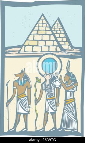 Anubi e Horus con piramidi egiziane in hieroglyph xilografia stile. Illustrazione Vettoriale