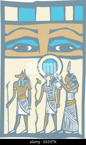 Anubi e Horus il faraone egiziano gli occhi hieroglyph in xilografia stile. Illustrazione Vettoriale