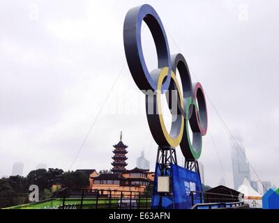 (140813) -- NANJING, Agosto 13, 2014 (Xinhua) -- una foto scattata in Agosto 13, 2014, mostra una vista di una scultura di gli anelli olimpici si stabilirono sull'Jiefangmen Gate di Nanjing parete della città dalla dinastia Ming e il Tempio Jiming in Nanjing, a est della capitale cinese della provincia di Jiangsu, su agosto 13, 2014. La seconda estate Olimpiadi della Gioventù si terrà in Nanjing dal 16 agosto al 28. (Xinhua/Chen Yehua)(zc) Foto Stock