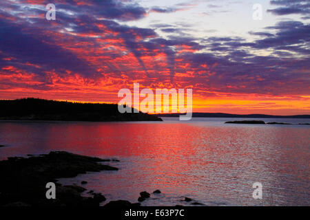 Sunrise vicino al foro di tuono, la Ocean Trail, Parco Nazionale di Acadia, Maine, Stati Uniti d'America Foto Stock