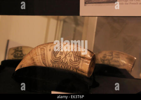 Dente di balena Scrimshaw, Jerimiah Merithew House, Penobscot museo marino, Searsport, Maine, Stati Uniti d'America Foto Stock