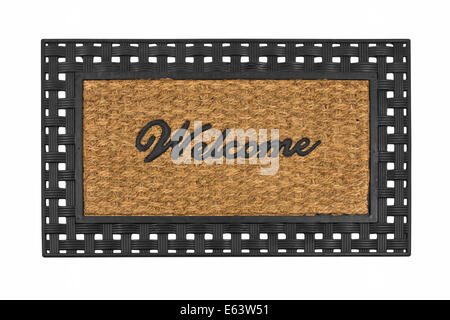 Nuovo tappeto di benvenuto isolato su bianco. Foto Stock