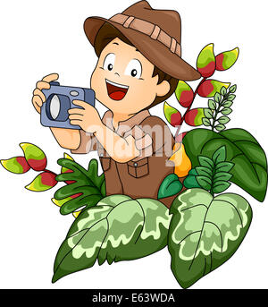 Illustrazione di un ragazzino in un Safari Outfit tenendo una fotocamera Foto Stock