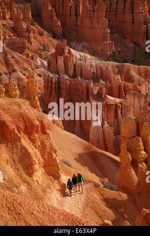 Gli escursionisti su Navajo loop trail attraverso hoodoos, Parco Nazionale di Bryce Canyon, Utah, Stati Uniti d'America Foto Stock