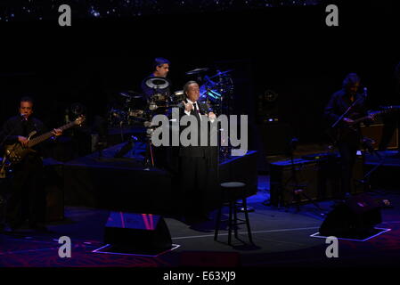 Marbella, Spagna. 13 Ago, 2014. Il cantante spagnolo Julio Iglesias (C) esegue durante il suo concerto in la Starlite 2014 Festival, in Marbella, Spagna, il 13 agosto, 2014. © AGENCIAPUNTOPRESS/Xinhua/Alamy Live News Foto Stock