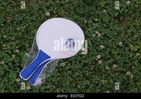 Abbastanza presto acquistare due pipistrelli e sfera blu per la spiaggia di emozionante gioco in campo con il trifoglio. Foto Stock