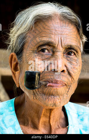 Donna del mento persone appartenenti a una minoranza etnica, con un tradizionale tatuaggi facciali di fumare un tubo, l'ultima della loro natura, ritratto Foto Stock