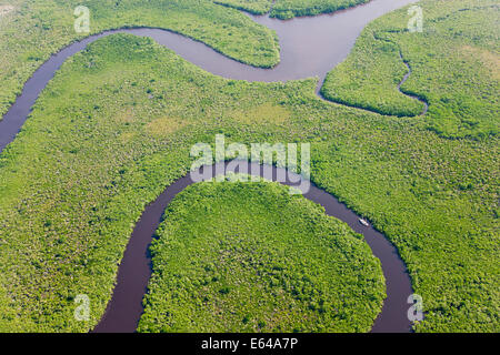 Barche a vela & vista aerea della foresta pluviale, Fiume Daintree, Parco Nazionale Daintree, Queensland Australia Foto Stock