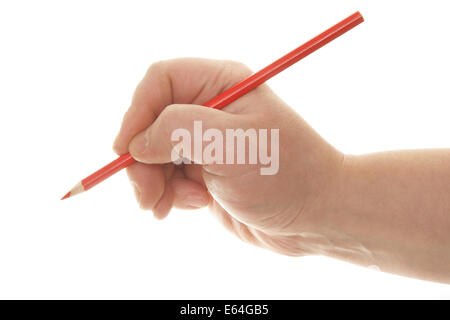 Mano umana tenendo premuto matita isolate su sfondo bianco Foto Stock