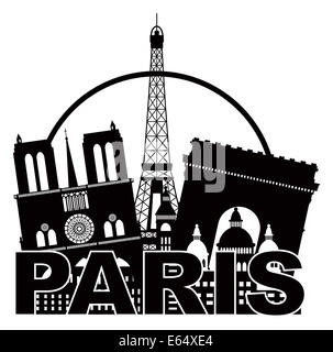 Parigi Francia dello skyline della città Silhouette di contorno nero nel cerchio isolato su sfondo bianco Panorama illustrazione Foto Stock