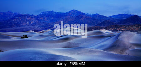 Le dune di sabbia, le montagne e il sorgere della Luna in Predawn luce a tubo da stufa di pozzi, Parco Nazionale della Valle della Morte, CALIFORNIA, STATI UNITI D'AMERICA Foto Stock