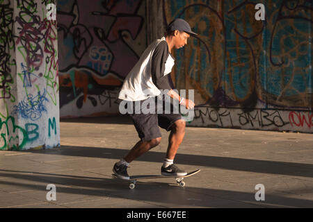 Un giovane uomo lo skateboard in un area con graffiti Foto Stock