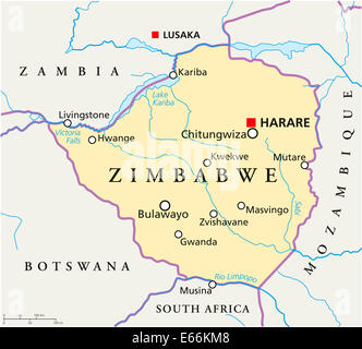 Zimbabwe Mappa Politico con capitale Harare, con frontiere nazionali più importanti città, fiumi e laghi. Etichetta inglese. Foto Stock