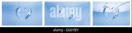Un collage di tre cuori blu fatto di acqua su bianco. Foto Stock