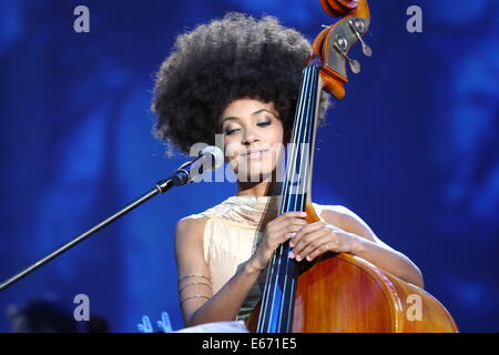 Gdansk, Poalnd 16th, Agosto 2014 Solidarietà del Festival delle arti, La Esperanza + concerto in Gdansk. American jazz star Esperanza Spalding suona dal vivo sul palco Credito: Michal Fludra/Alamy Live News Foto Stock