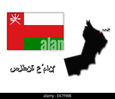 Mappa del Sultanato di Oman con la sua bandiera isolato su bianco Foto Stock