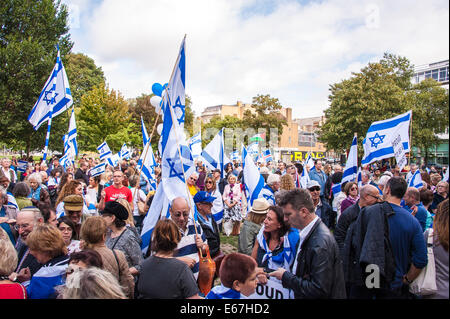 Brighton, Regno Unito. 17 Ago, 2014. Un grande gruppo di sostenitori di Israele e una manciata di palestinesi si impegnano in principalmente ad una manifestazione pacifica in Brighton. Foto ©Julia Claxton Credito: Julia Claxton/Alamy Live News Foto Stock