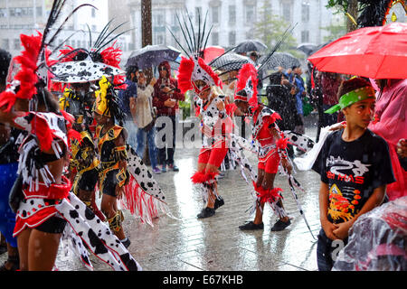 Nottingham, Regno Unito.17 agosto 2014. La coloratissima sfilata di carnevale ha avuto luogo oggi con oltre 18 troupes prendendo parte.liquori erano elevato nonostante Pesanti rovesci ,dopo aver marciato attraverso il centro della città la parata unire il divertimento dei caraibi sulla foresta di massa di ricreazione. Credito: Ian Francesco/Alamy Live News Foto Stock