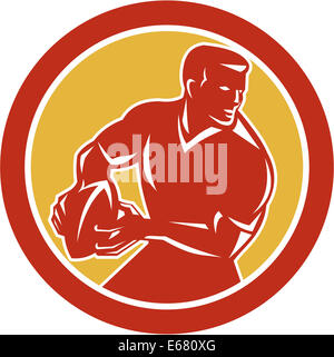 Illustrazione di un giocatore di rugby passando la sfera guardando al lato impostato all'interno del cerchio su sfondo isolato fatto in stile retrò. Foto Stock