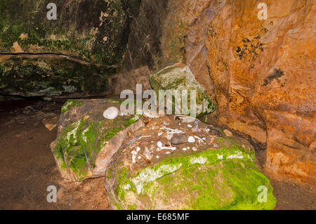 Scultori grotta costiera di Moray Scozia vicino HOPEMAN interno con altare di pietre e collezioni di ossa e ciottoli Foto Stock