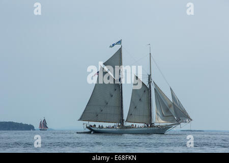 Camden, ME - 11 agosto 2014. Il windjammer goletta Maria giorno lasciando Camden con un mazzo pieno di turisti. Foto Stock