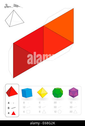 Modello di carta di un tetraedro, uno dei cinque solidi platonici, per rendere tridimensionale il lavoro artigianale fuori i triangoli rossi Foto Stock